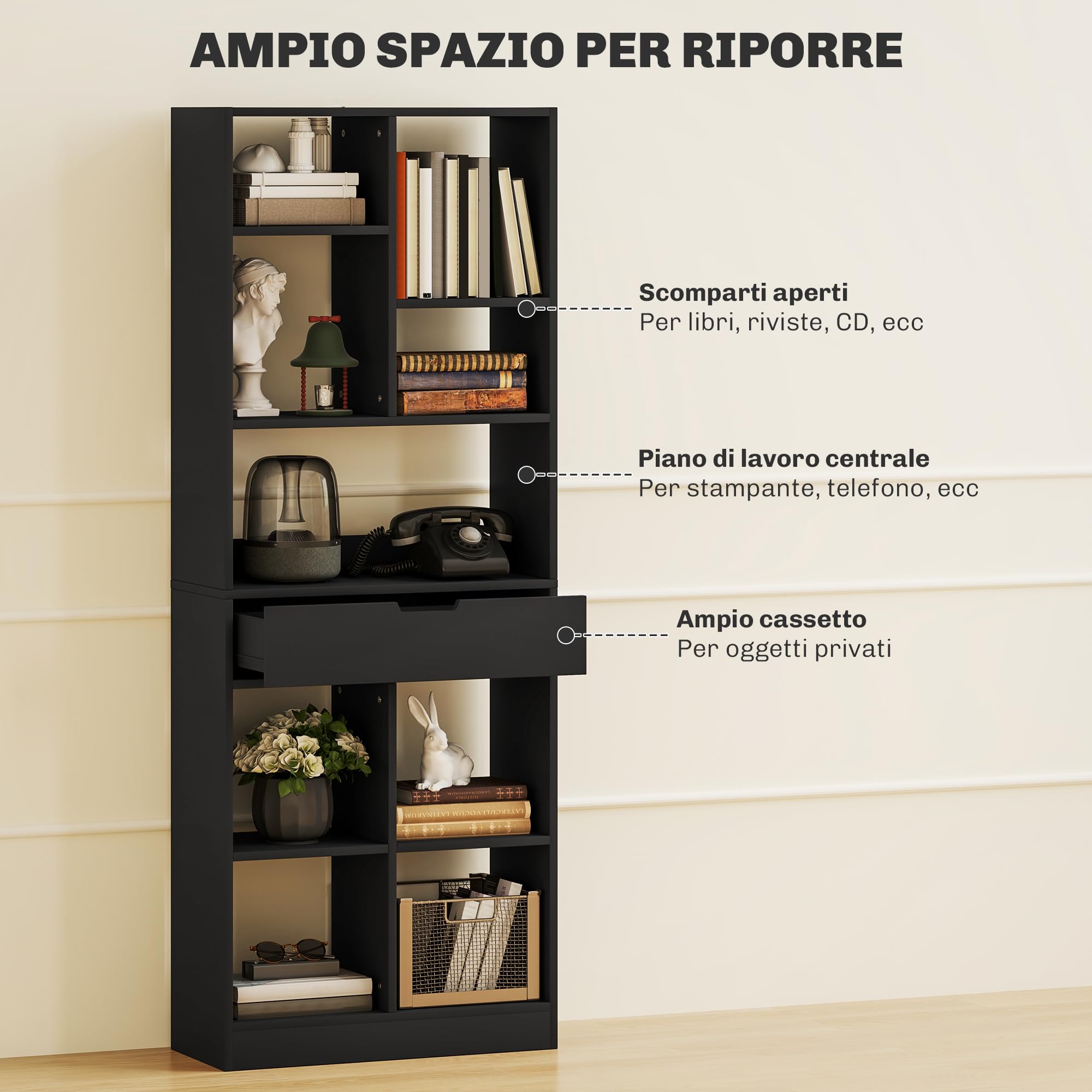 HOMCOM Scaffale Libreria con Cassetto Centrale in Legno 60x26x158 cm Nero | Ripiani Aperti, Libreria Salvaspazio Autoportante, Scaffale Divisorio per Soggiorno, Camera da Letto, Ufficio