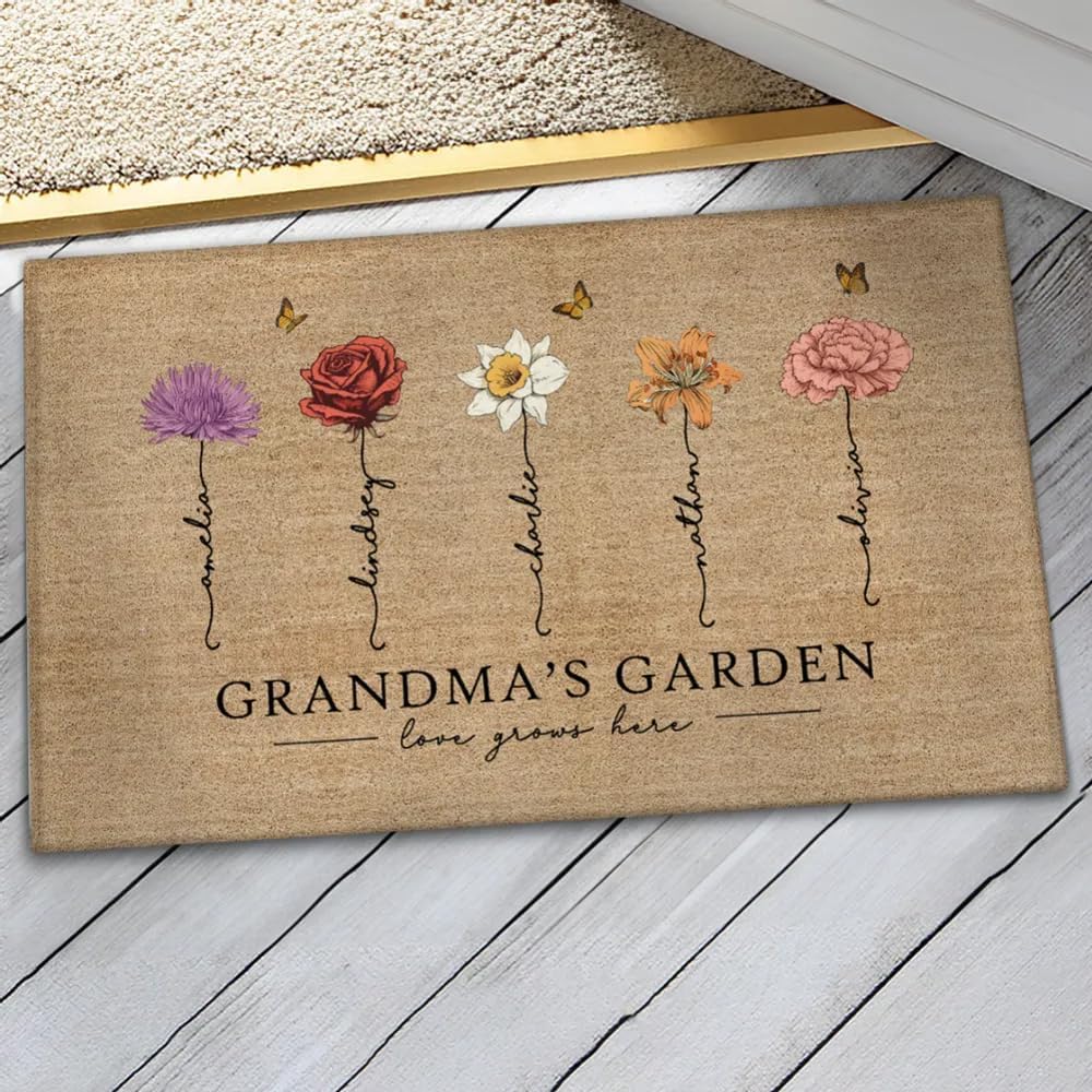 Pofily Personalized Grandma Doormat, Grandmas Garden, Birth Flowers with Kids Name; Gift for Grandma, Mimi, Nana, Gifts for Christmas