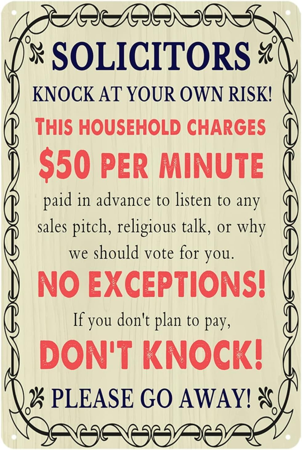 peiyeety Vintage No Soliciting Solicitors Knock at Your Own Risk No Soliciting Front Don't Knock Poster Metal Aluminium Tin Sign Wall Decor 8"x12"