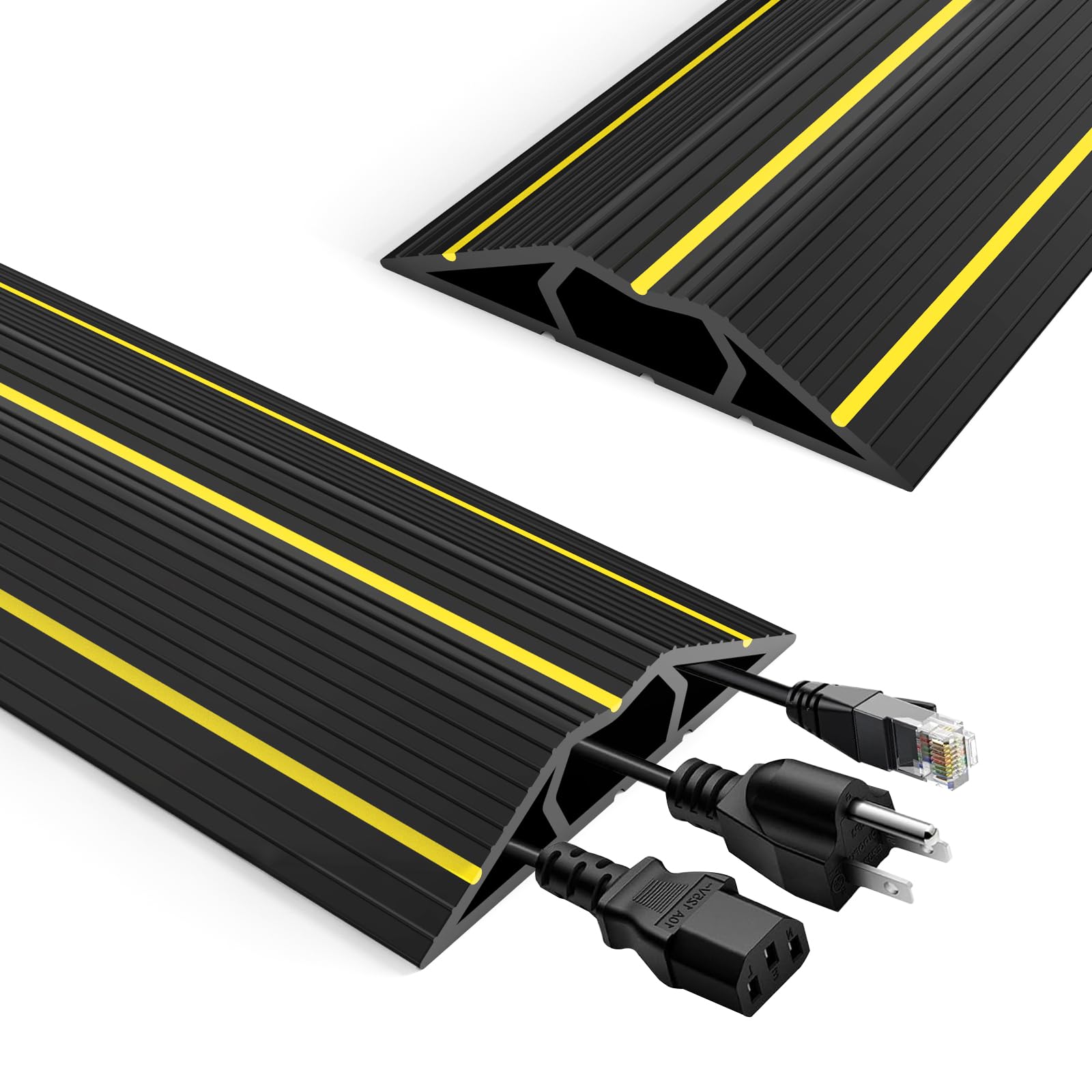 RAYNEAY Floor Cable Protector Outdoor, 2M Heavy Duty Rubber Wire Cable Cover Mat with 3 Cord Channel for Outdoor Cables Hider, Black