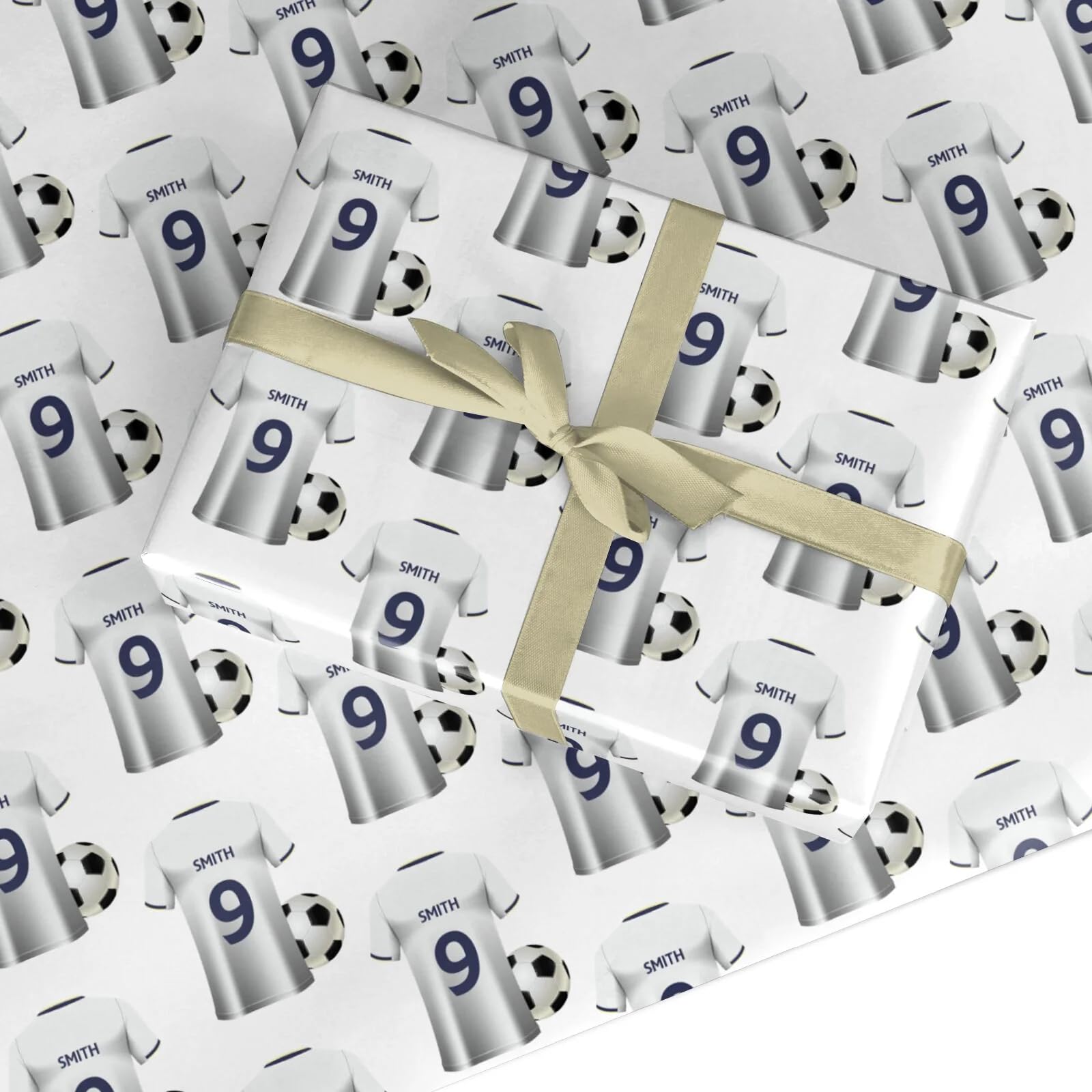 White & Blue Personalised Football Shirt Wrapping Paper Custom Birthday Gift Wrap - For Him Mens Dad Father's Day Christmas Boys Kids Adult - Any Name & Number - 1 Sheet (50cm x 65cm) โ image 1
