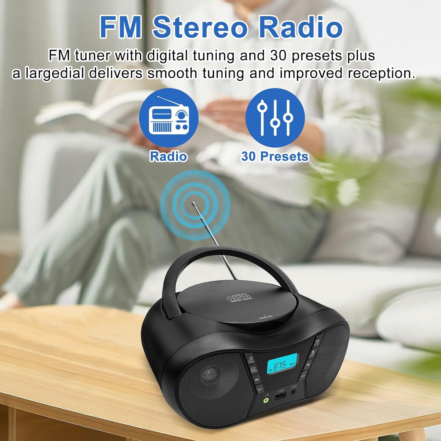 Tragbarer CD-Player Boombox mit FM-Radio, Bluetooth-Lautsprecher, AC/Batteriebetrieben, unterstützt CD/CD-R/RW/USB/BT/AUX, LCD-Display, Kopfhöreranschluss, Geschenke für Eltern (Schwarz)