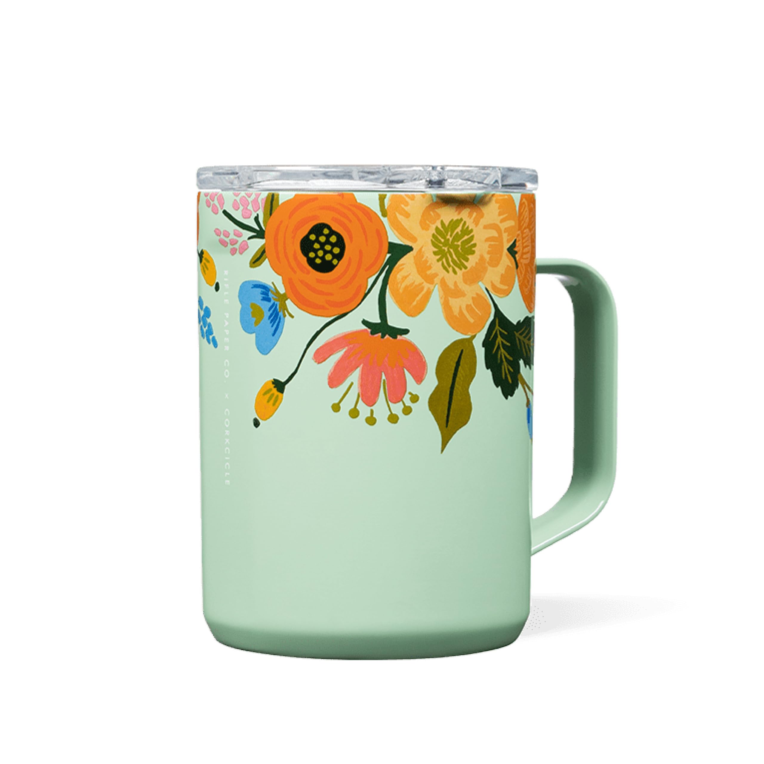 Corkciclex Rifle Paper Co. Triple Insulated Coffee Mug with Lid & Handle - Keeps Beverages Hot for 3+ Hours - Gift for Mom - Great for Mother's Day or Christmas - 16 oz - Mint Lively Floral