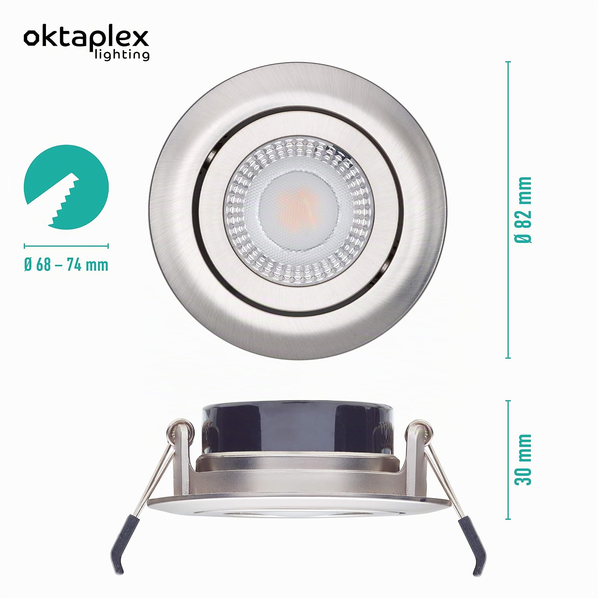 Oktaplex 6er Set LED Einbaustrahler Paris 230V flach 5W 350lm Ra 90 | 3000K Warmweiß Ø 68mm Einbaudurchmesser Spots Decke schwenkbar Nickel gebürstet