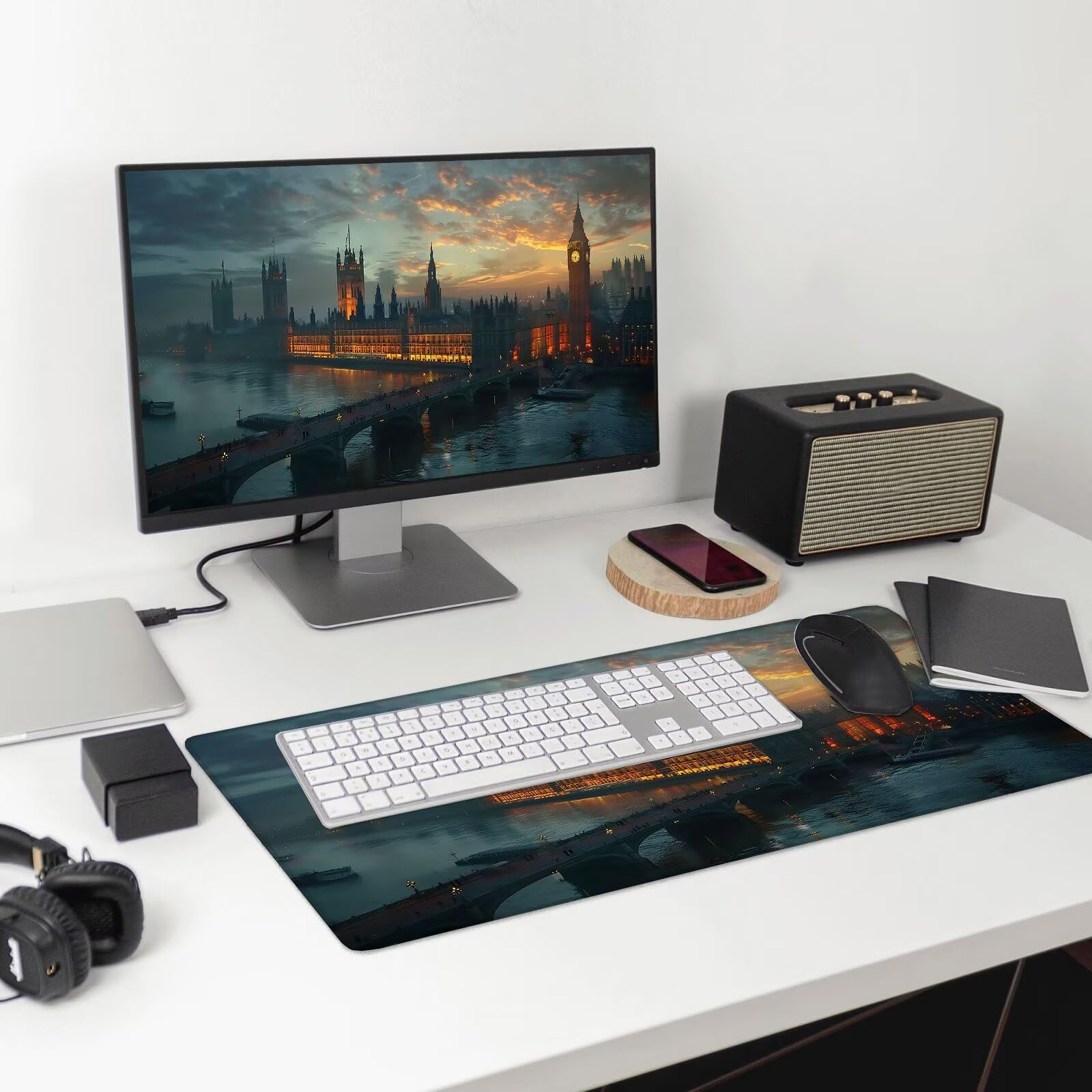 Tapis de Souris de Jeu, Londres Tapis de Souris XXL 900x400x4 mm, Sous-Main Bureau Paysage avec Base en Caoutchouc Antidérapant et Imperméable, Surface Lisse Améliorez la Précision et la Vitesse, V-3