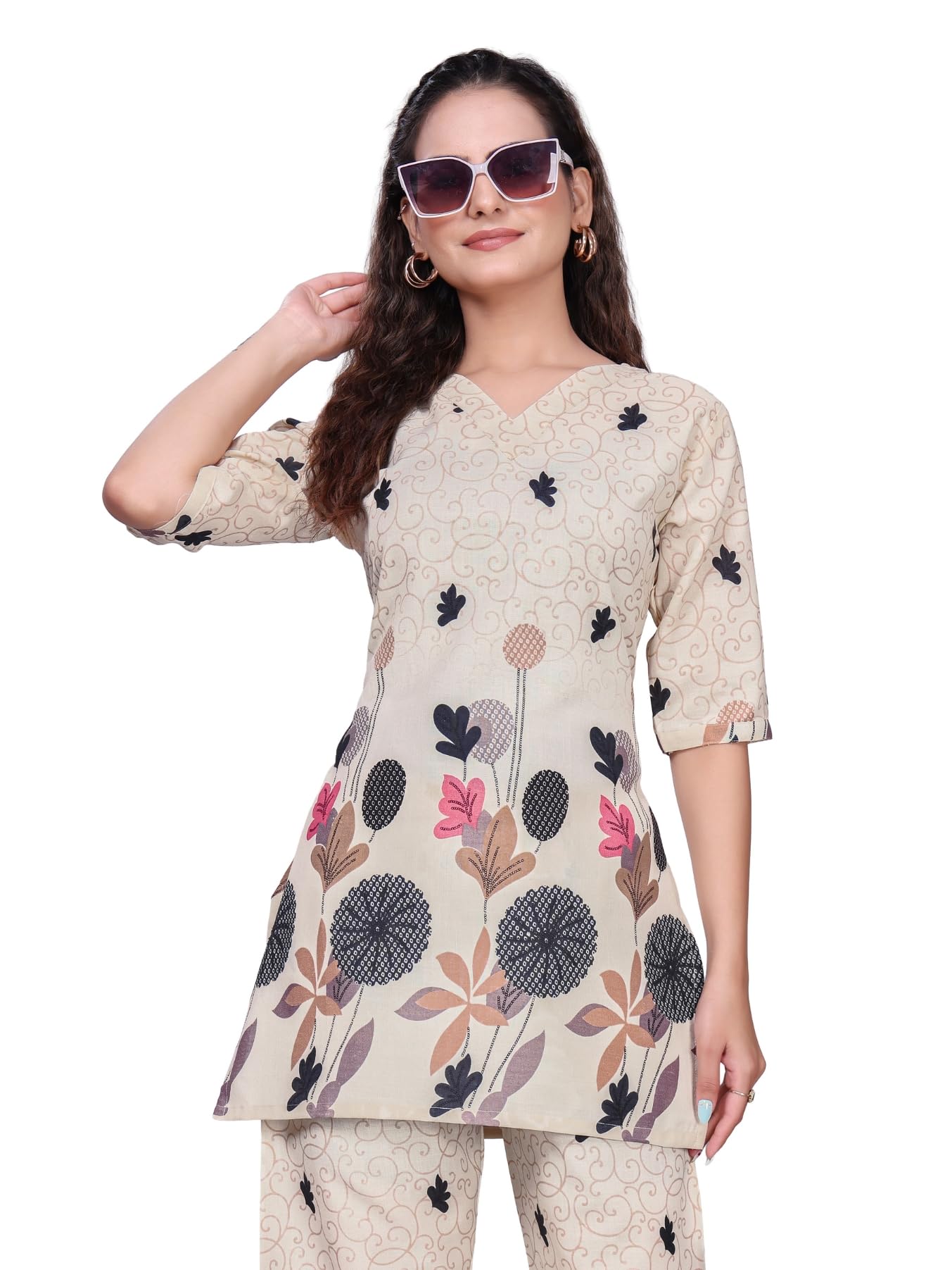hialto Floral Ethnic Co Ord Suit for Women | Cream Printed Cotton Top and Pant Set | Modern Yet Traditional Look | Comfortable Fit for Summer and Festive Events-picture-0