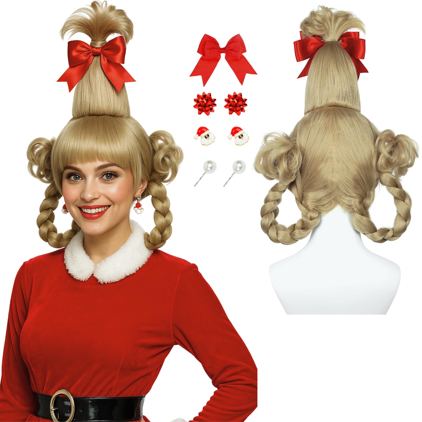 Wiggy Mermaid Blonde Braided Wig with Red-bow Earrings for Women Christmas Cindy Wig with Accessories for Halloween Christmas Costume Party
