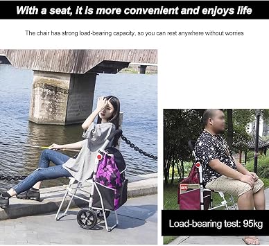 Folding Shopping Cart with Seat, Grocery Cart, 100kg Capacity, Shopping Carts for Groceries, Travel, and Heavy Loads(Red)