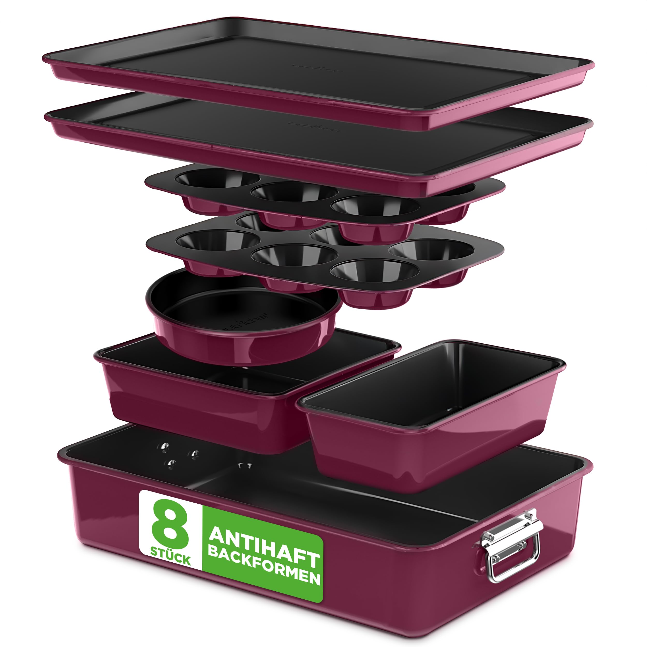 NutriChef Backformen Set 8-teilig – Auflaufform, Brotbackform, Backblech, Muffin Backform, Violet, Kuchenform rund & eckig, stapelbar & antihaft, spülmaschinenfest, ofenfest bis 230°C