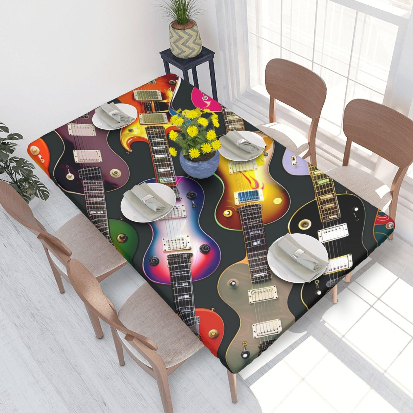 DCARSETCV Colorful Guitars Printed 4FT Waterproof Tablecloth with Elastic Edged Protect & Decor Your Table, Oil-proof Washable Table Cloth Cover for Dinner Picnic Party