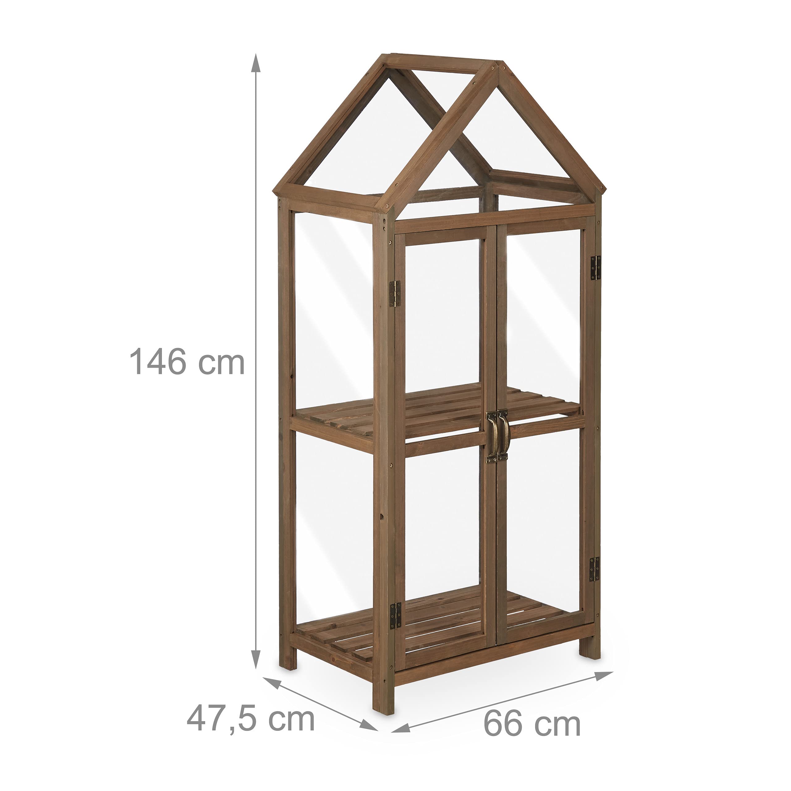 relaxdays Serre Bois Balcon, Bois & Plastique, HLP 146x66x47,5 cm, Double Porte, Culture de Plantes et semis, Marron