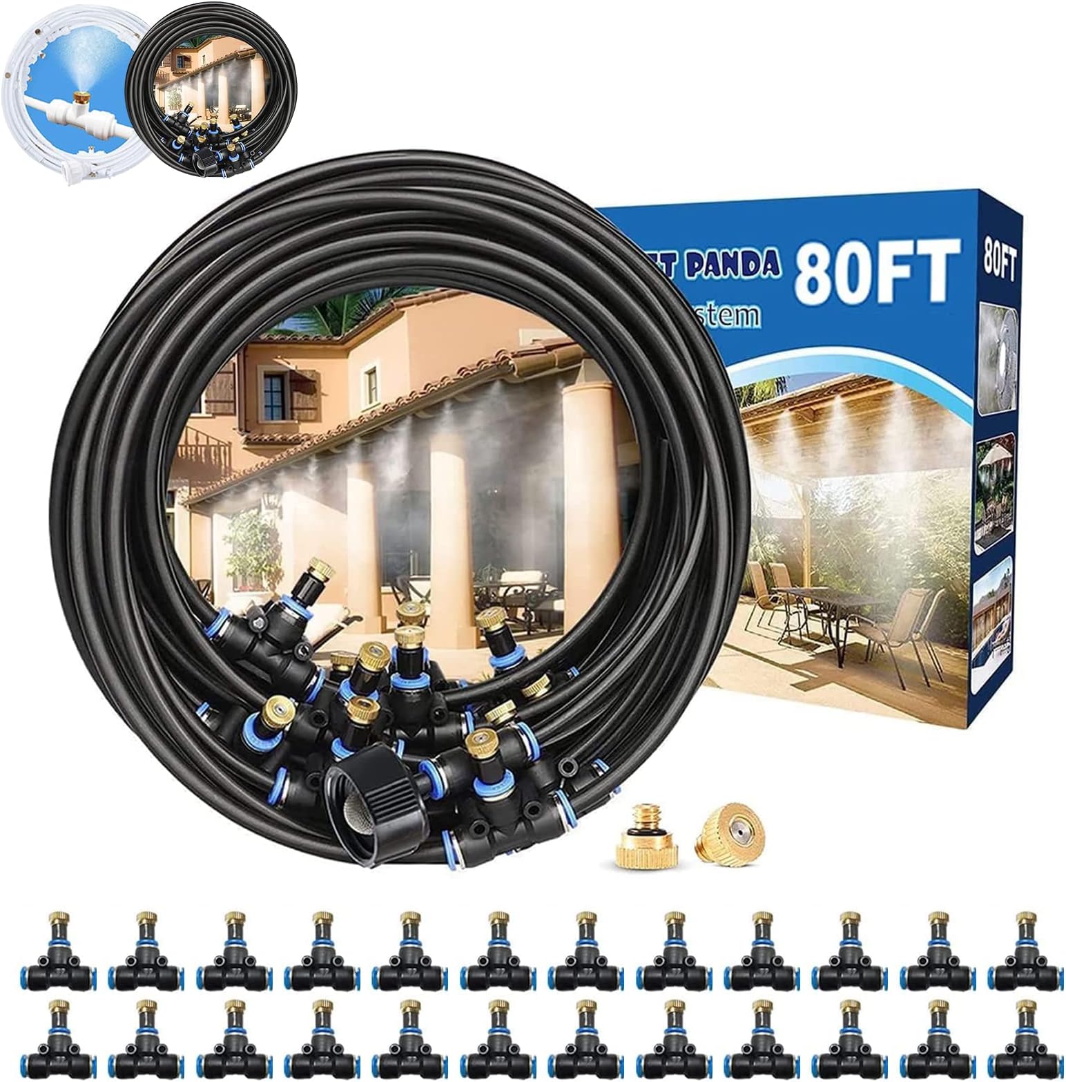 Misting System for Patio 80FT(24M), Outdoor Multi-Area Water Mister Hose, Backyard Mist Hose for Outside, Garden, Greenhouse, Deck, Umbrella, Canopy, Pool, Porch, Trampoline, BBQ, Kid, Chicken, Dog