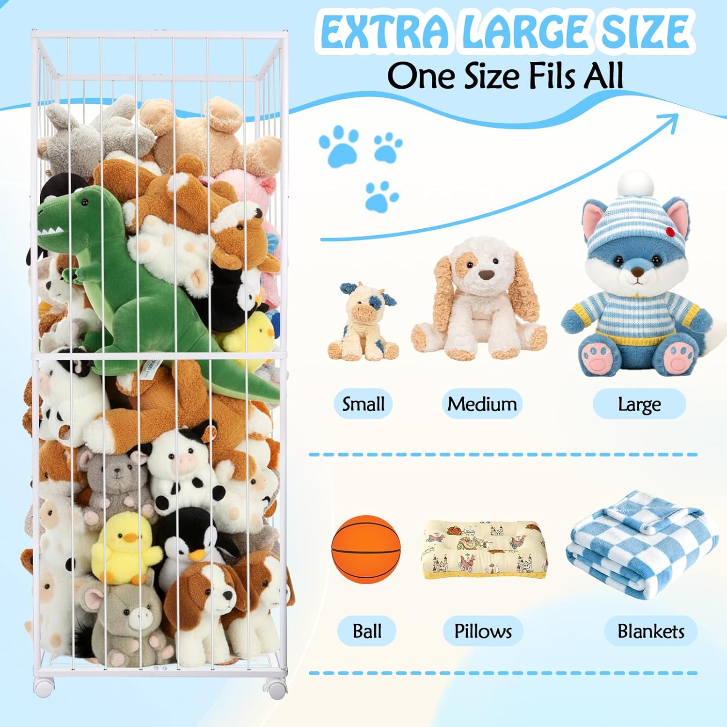 Stuffed Animal Storage, Metal Tube Extra Large Toy Storage Organizer with Brake Wheels, Stuffed Animal Holder Zoo Organizer for Nursery Playroom Kids Room White(61” x 23.6”x 16.5”) - Image 3