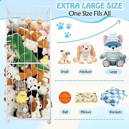 Miniatura 3 de Almacenamiento de animales de peluche, tubo de metal extra grande organizador de almacenamiento de juguetes con ruedas de freno, soporte para Blanco