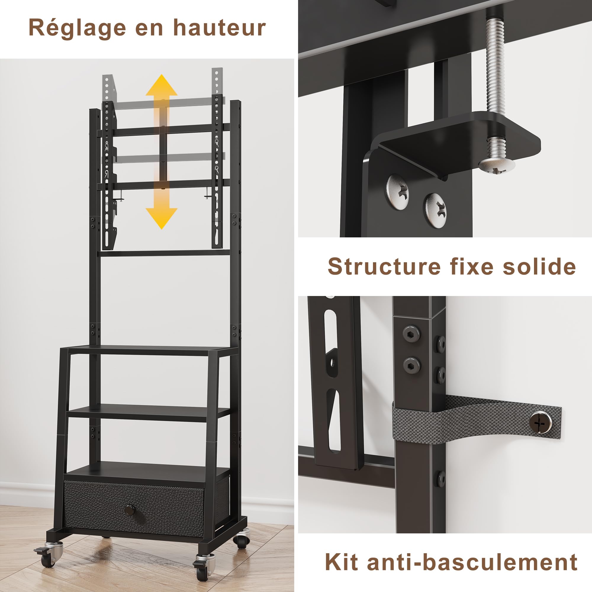 Support TV sur Pieds Support TV roulettes 32-60" VESA 400x400, Noir | Tiroir Tissu, Rangement Étagère, Hauteur Réglable, Charge 40kg, Facile à Assembler, Salon/Chambre/Bureau