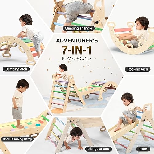 Miniatura 6 de BlueWood Pikler Triangle Set, Toddler Climbing Toys Indoor, 7in1 Foldable Baby Climbing Toys- Rainbow