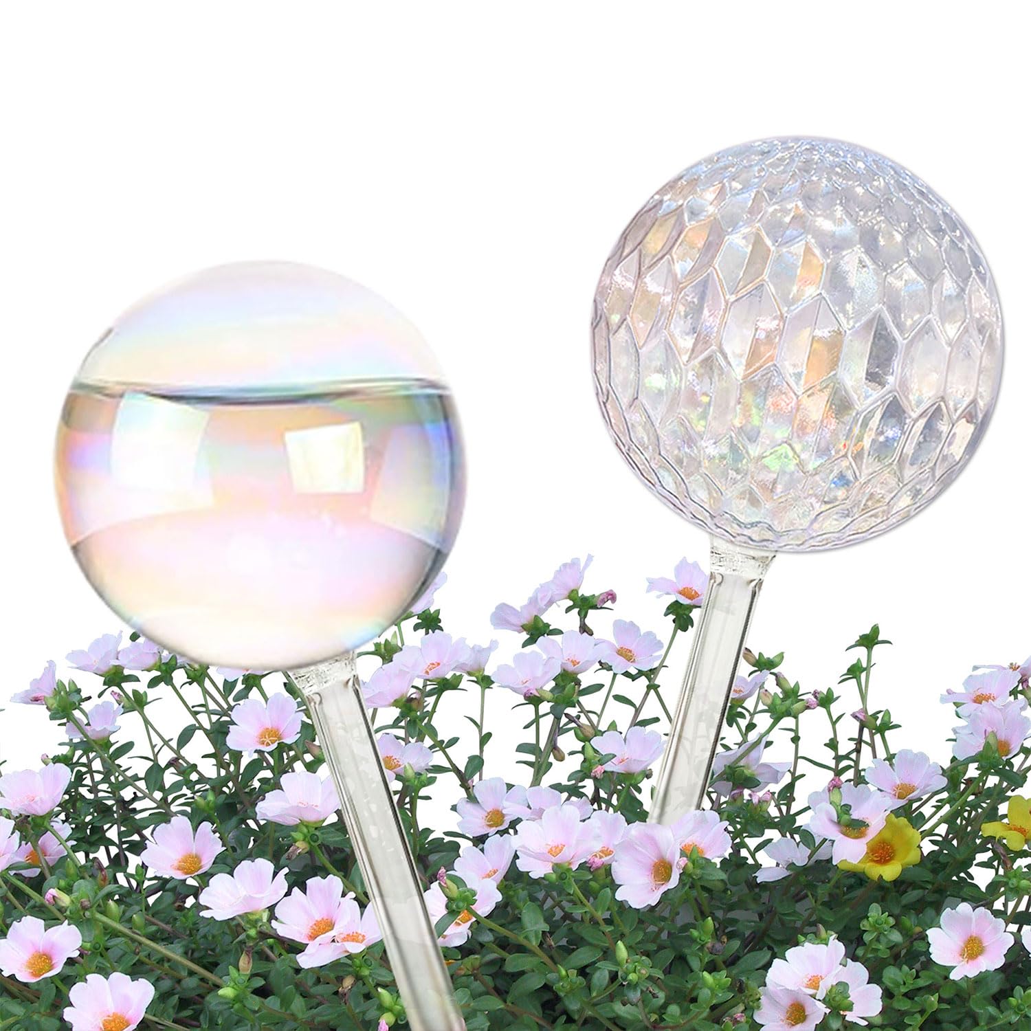 Glass Plant Watering Globes, Water Plants While Away Slow Self Watering Planter Insert Bulbs for Outdoor Indoor Plants, Vacation Plant Watering System Devices (Iridescent Medium 2-Pack)
