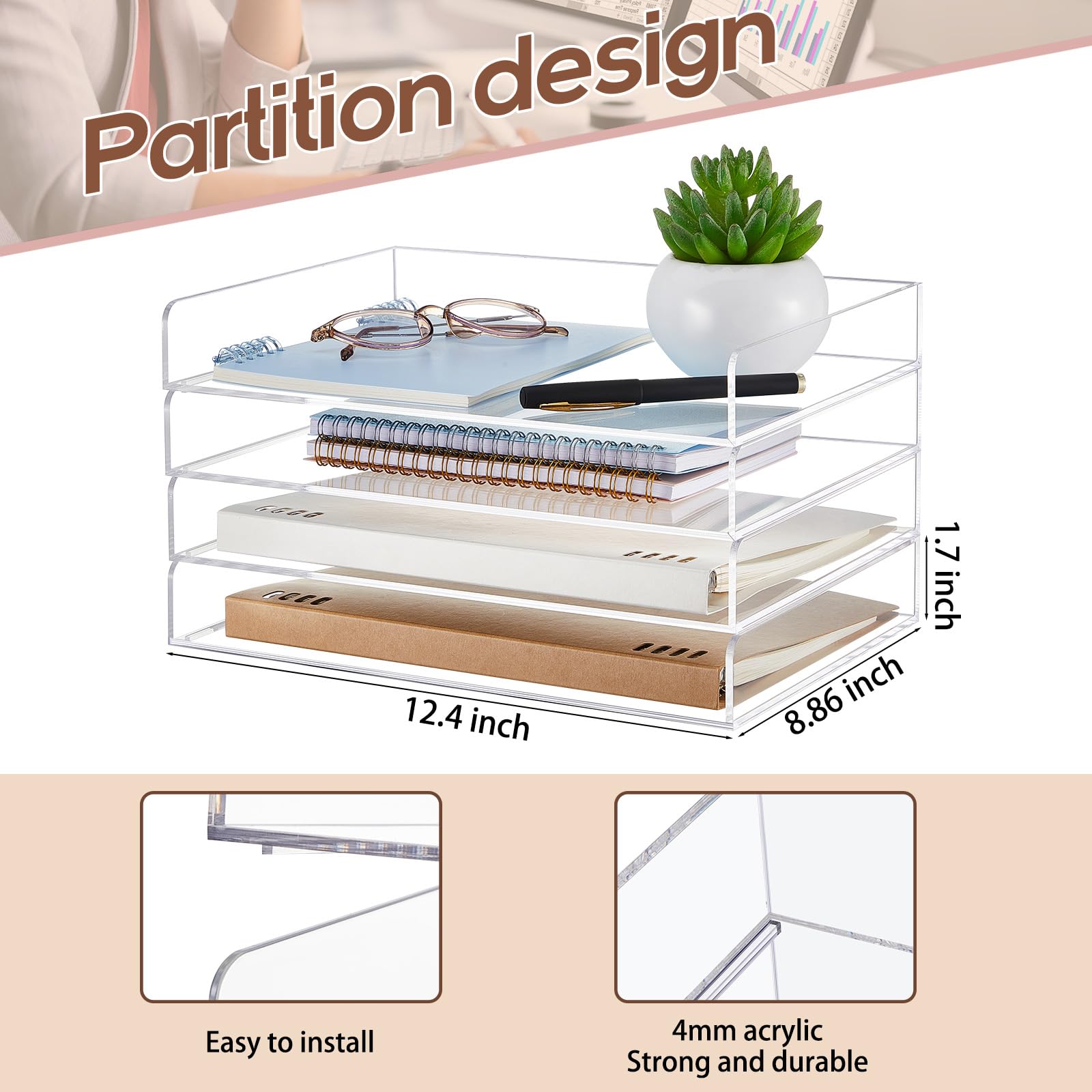 Harloon 4-stöckiger Papier-Organizer, Briefablage, Acryl, stapelbar, Dokumente, Briefhalter, Sortierer, Büroablage für A4, modernes Büro, Klassenzimmer, Zuhause, Aktenblock, Bücher, Notizen