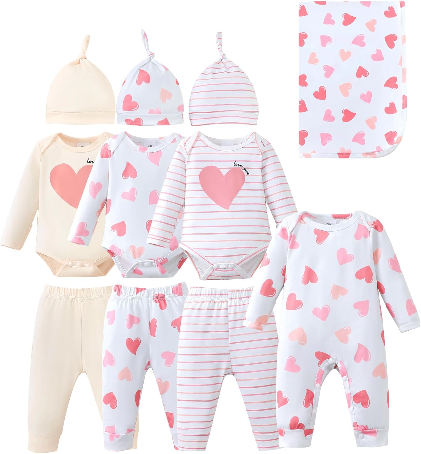 Renotemy Baby Girl Boy Clothes Fall Winter Essential 11-Piece Layette Set with Bodysuits, Pants, Hat, Jumpsuit, Blanket Infant Unisex Outfit Gift for Coming Home, Shower Gifts (3-6 Months,Heart Print)