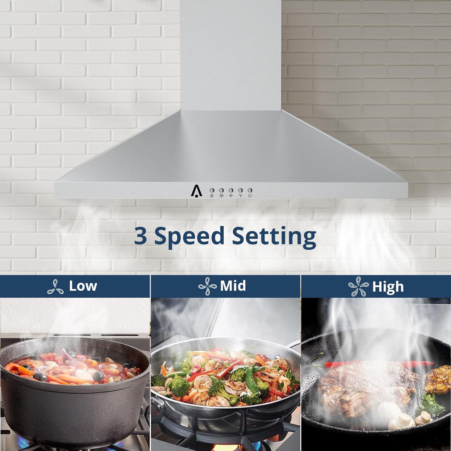 Kitchen Hood, Wall Mount Range Hood 30 inch with 2m Ventilation Duct and 5-Layer Aluminum Permanent Filters Ductless/Ducted Convertible for Stove Kitchen