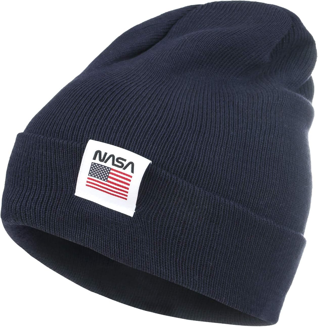 ilililyNASA Logo Label 2-Way Soft Beanie Ribbed Knit Slouchy Cotton Hat (Medium, Navy)
