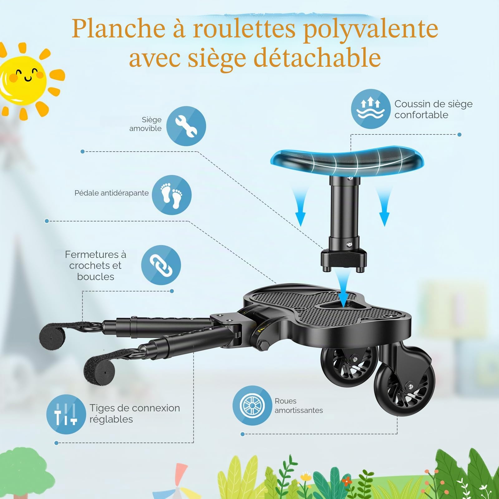 Planche Poussette Universelle,Skate Poussette Universelle, Portable Kiddy Boards,avec Sangle de Suspension,Rotation à 360,Planches à Roulettes pour bébé pour Enfants de 2 à 6 Ans (25kg)