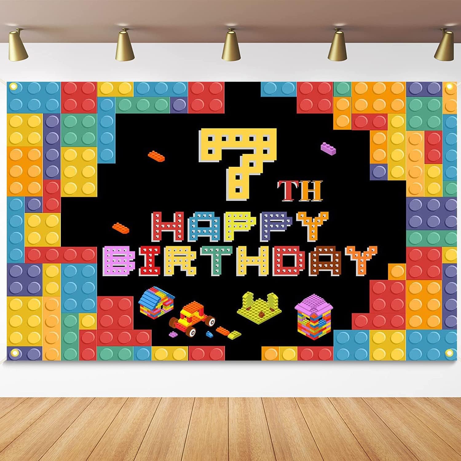 Building Blocks Happy 7th Birthday Banner Backdrop Colorful Build