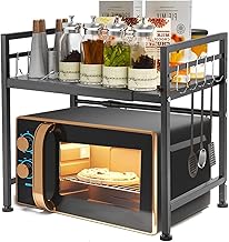 Extendable Microwave Shelf 40-65 cm, Adjustable Two Levels Microwave Shelf, Carbon Steel Shelf Counter Kitchen Organiser, Shelves, 6 Hooks, Heavy Load 60 lbs (Black)