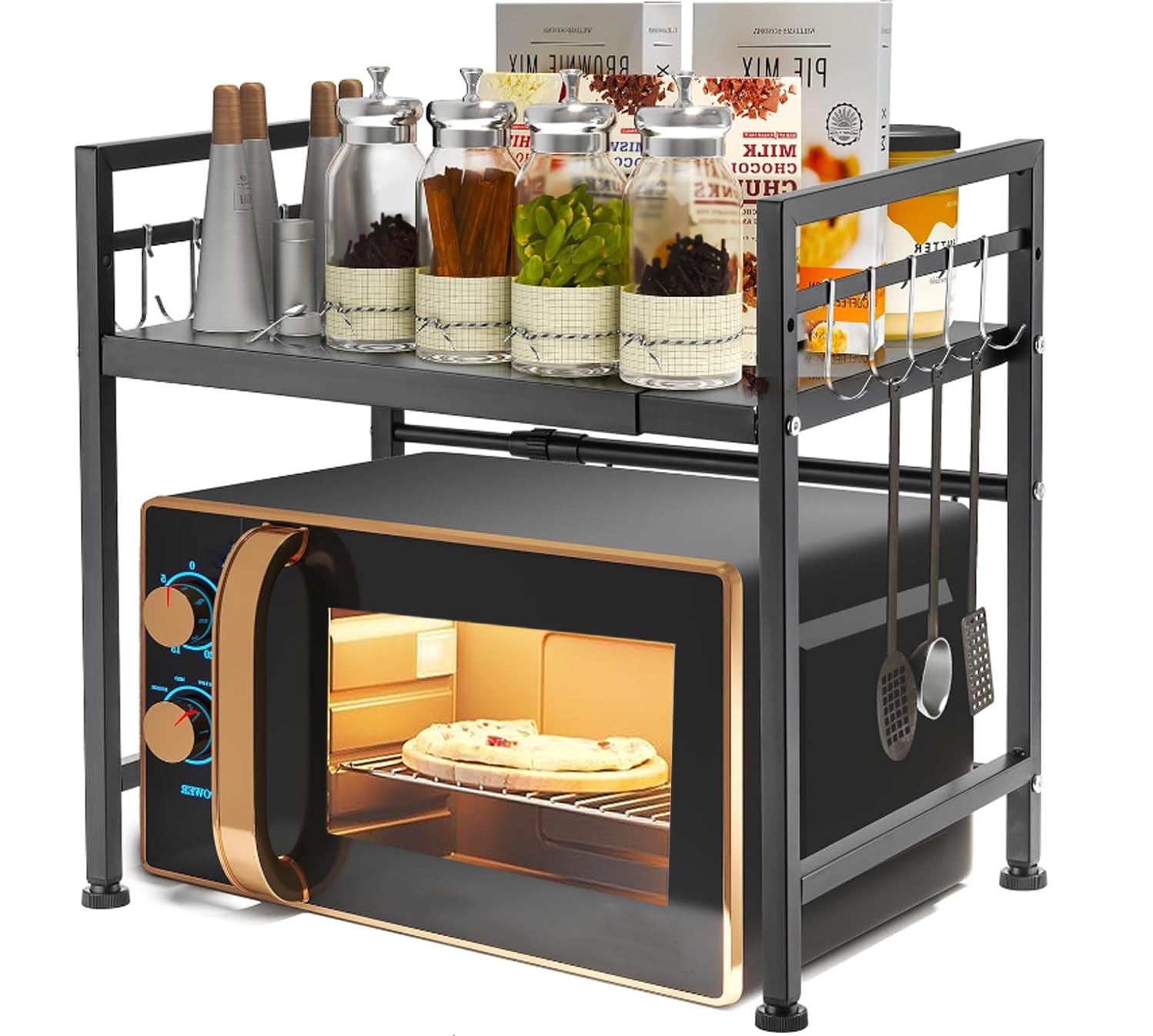 Henmeili Soporte Extensible 40-65 cm con 6 Ganchos para Horno de Microondas, Ajustable, Rejilla para encimera de Cocina Organizador Estanteria Mueble (Negro, 2 Niveles)