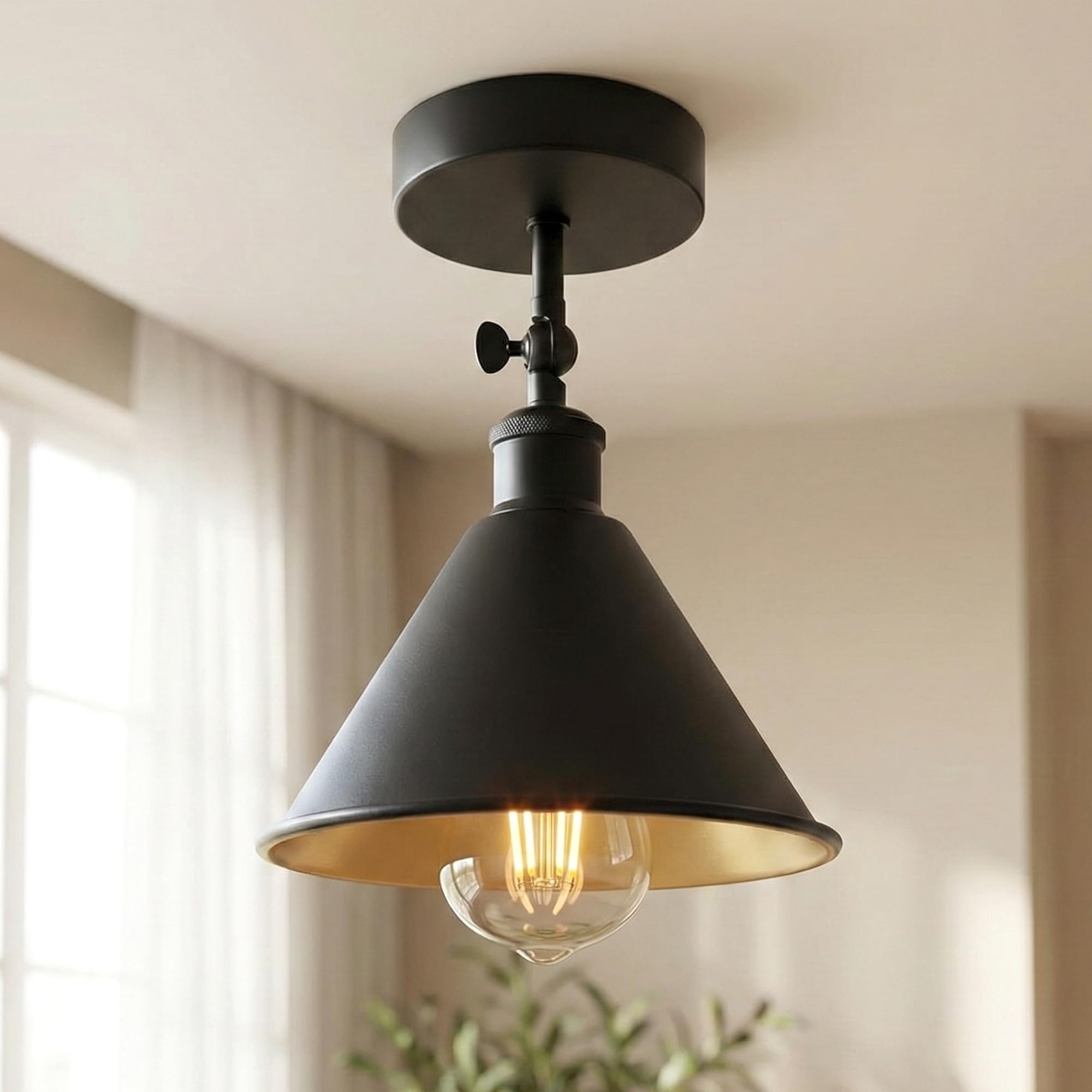 DC VOLTAGE Vintage Style Semi Flush Mount 180 Degree Adjustable E27 Base with Bulb Socket Vintage Style Unique Cone Shape Ceiling Mount Lighting — image 1