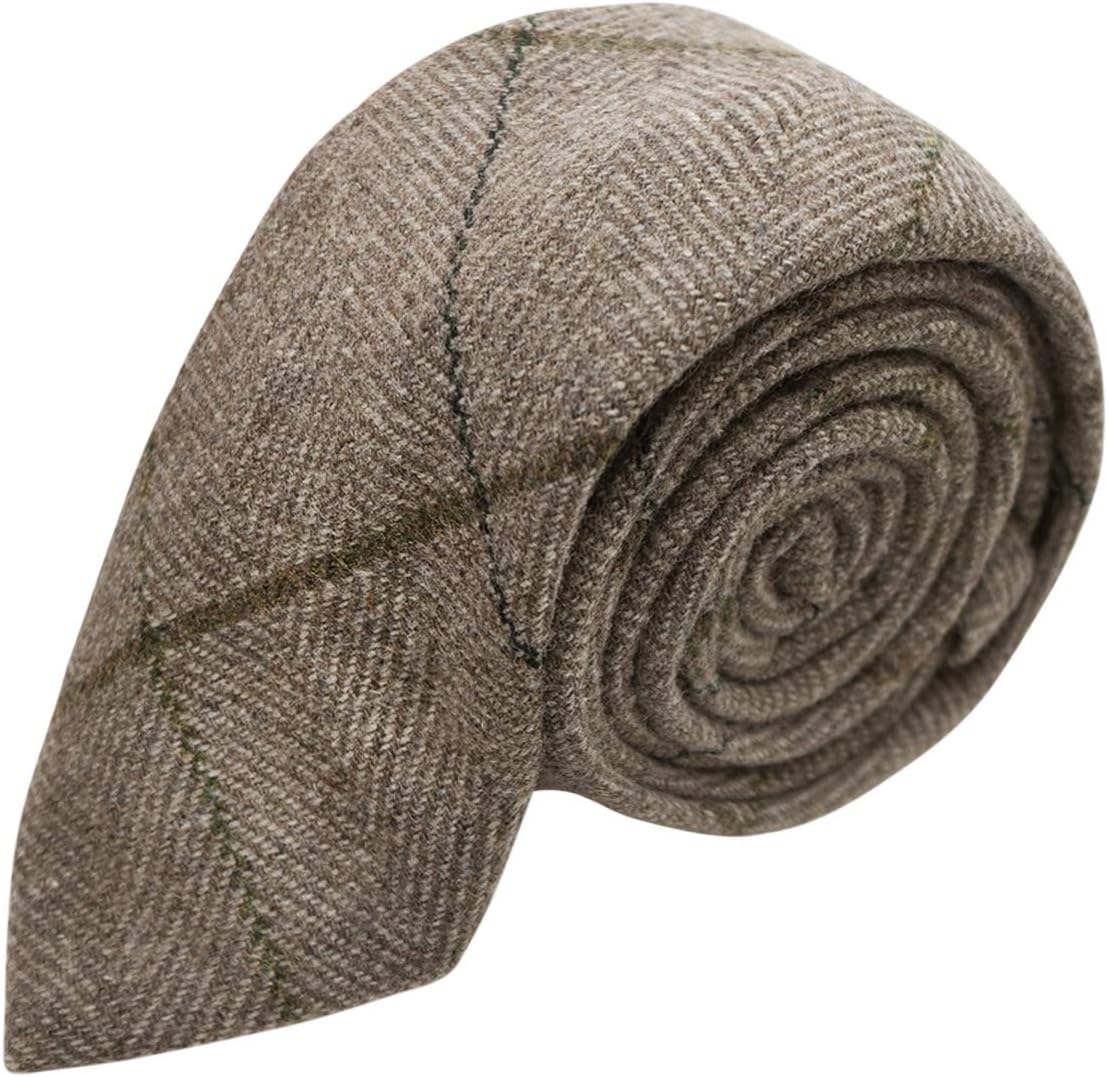 King & Priory Luxury Light Khaki Brown Herringbone Check Necktie, Tweed