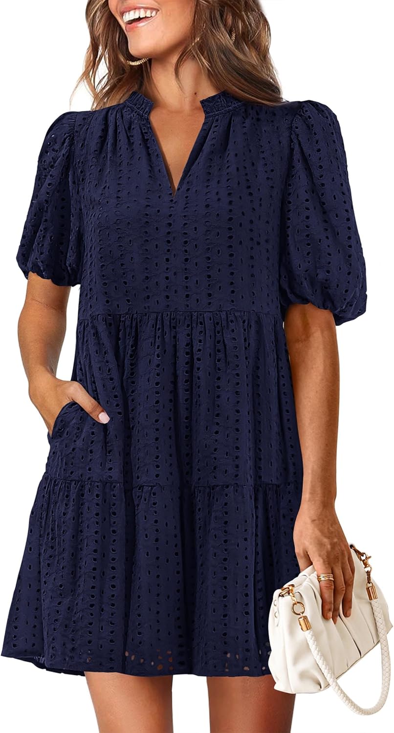 KIRUNDO Eyelet Summer Dresses for Women 2026 Mini Casual Hollow Out Short Sleeve Lace Tiered V Neck Shift Dress Pockets