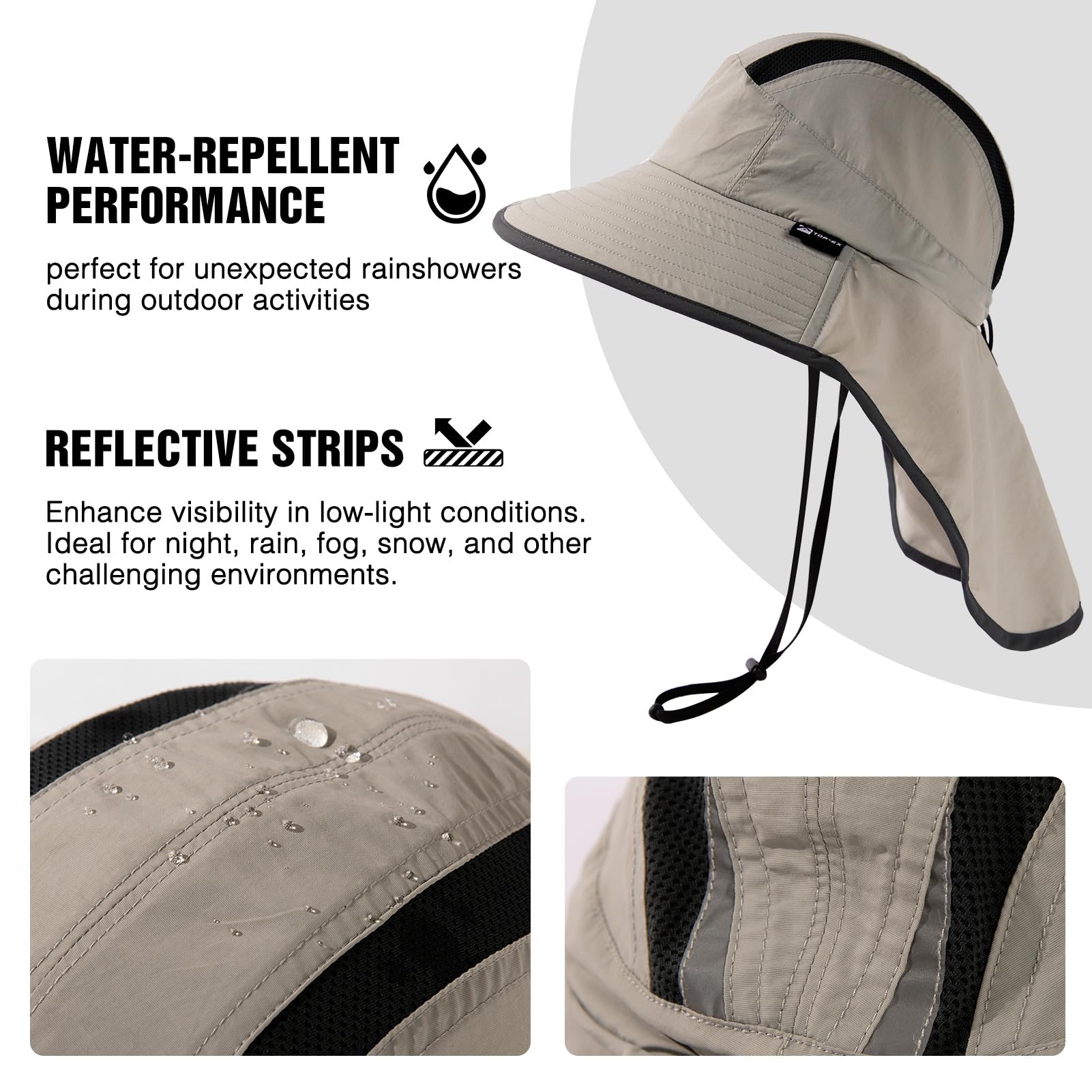 TOP-EX Chapeau de soleil unisexe pour homme avec rabat tour de cou et verrouillage UPF 50 à large bord étanche et pliable