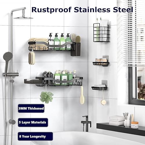 Miniatura 5 de NESOMI Estante de ducha adhesivo para ducha, organizador de baño, estante organizador de ducha, estante de pared para almacenamiento interior de