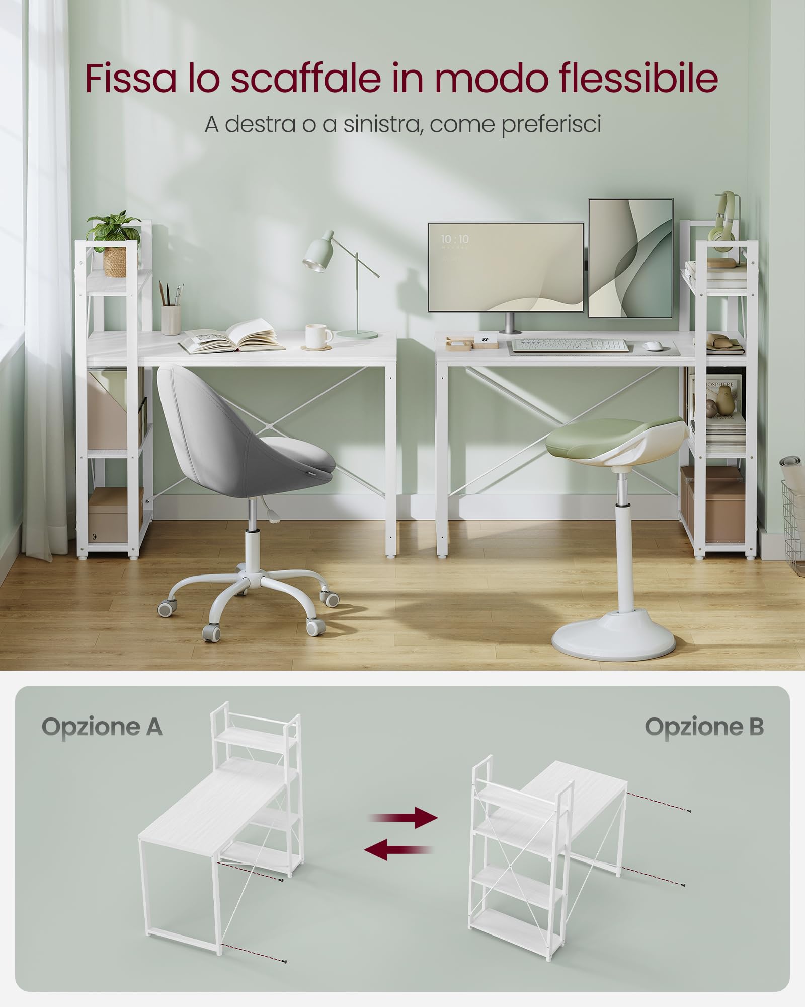 VASAGLE Scrivania con ripiani reversibili a sinistra o a destra, lunghezza 120 cm, tavolo da computer, per ufficio a casa, montaggio semplice, bianco acero LWD048W44