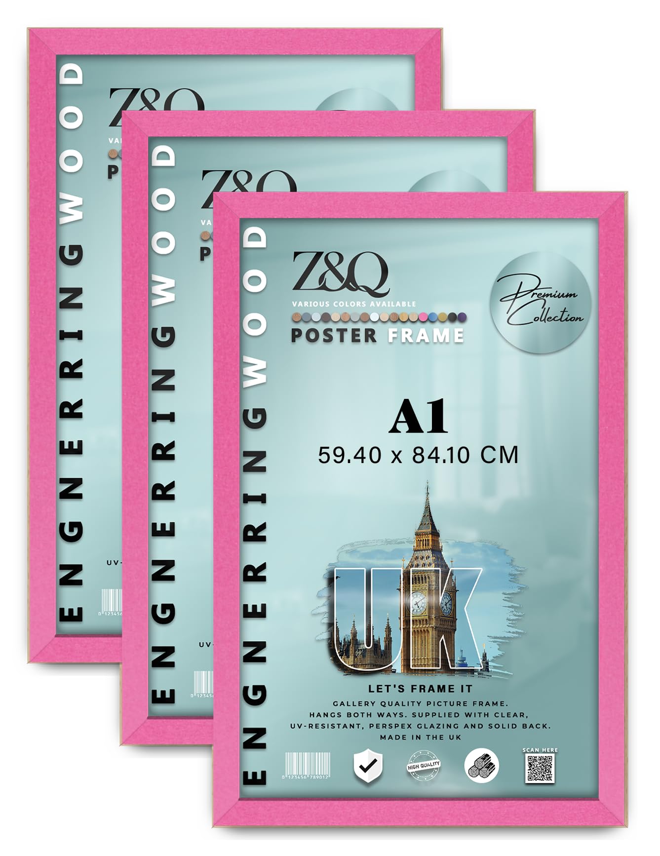 Z&Q Pack of 3 Elegant Eton Wood Finish A1 (59.40 x 84.10 CM) Poster Frame | for Wall Décor 33 x 23 Inch Perfect for Art Display & Family Photo Gallery [ Pink ]