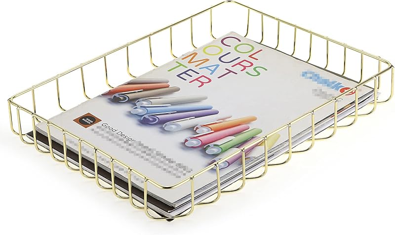 BTSKY Multipurpose A4 File Tray Wire Desk Tray Organizer, Gold | Elegant Letter Size Desk Documents Trays Magazine Files Storage Basket Organizer Bin for Office Cosmetics Bathroom
