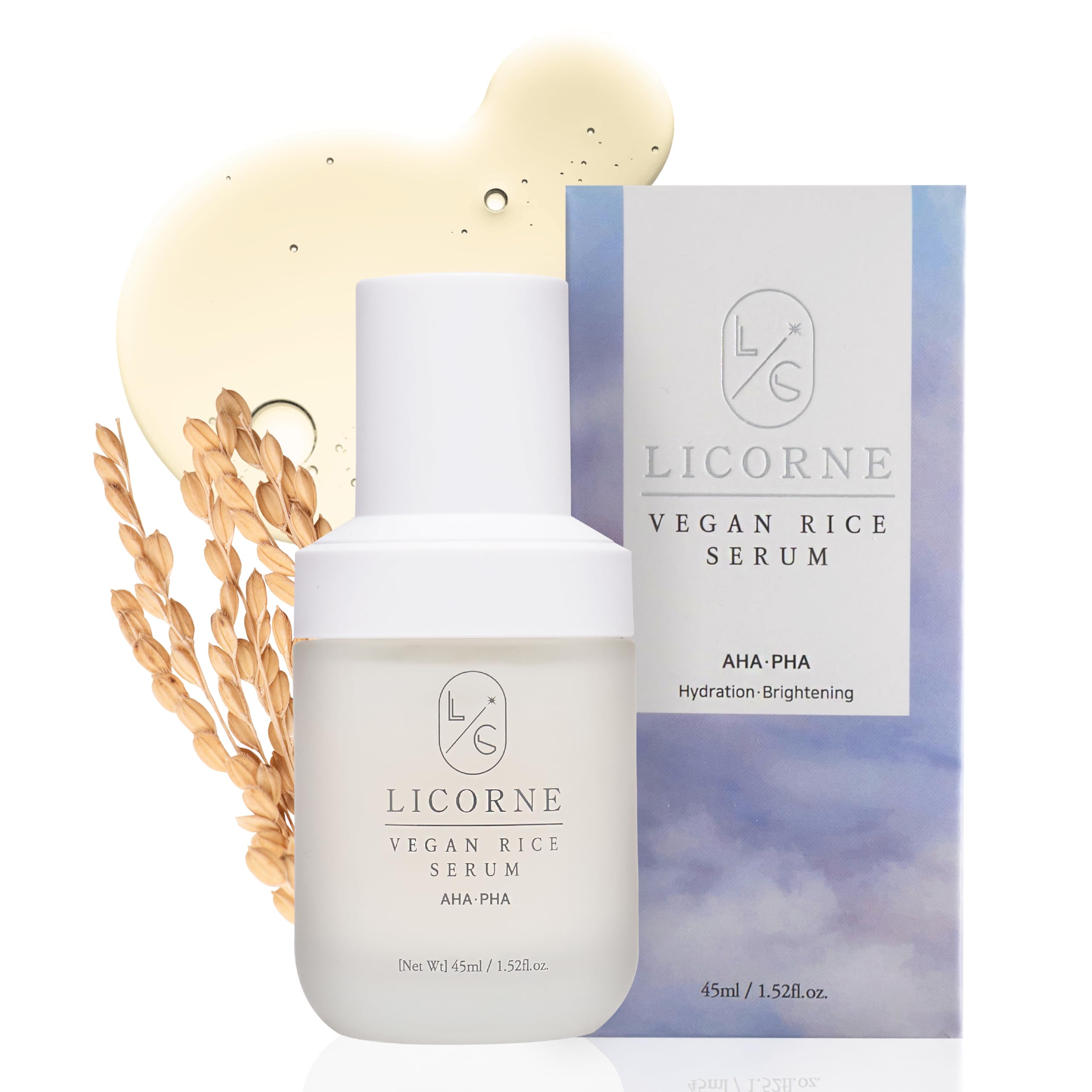 LICORNE Vegan Rice Bran Serum, Daily Resurfacing Face Serum for Glass Skin, AHA/PHA & Rice Water Extract for Rough Texture & Pores, Gentle Exfoliating