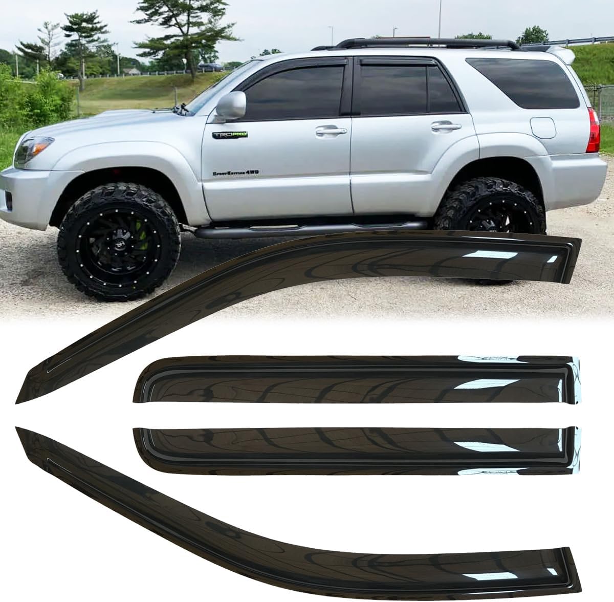 4pcs Original Shatterproof Rainproof Outside Mount Style Sun Rain Guards Durable Side Window Wind Deflectors Dark Smoke Vent Window Visors Fit for 2003-2009 Toyota 4Runner (N210) 94924