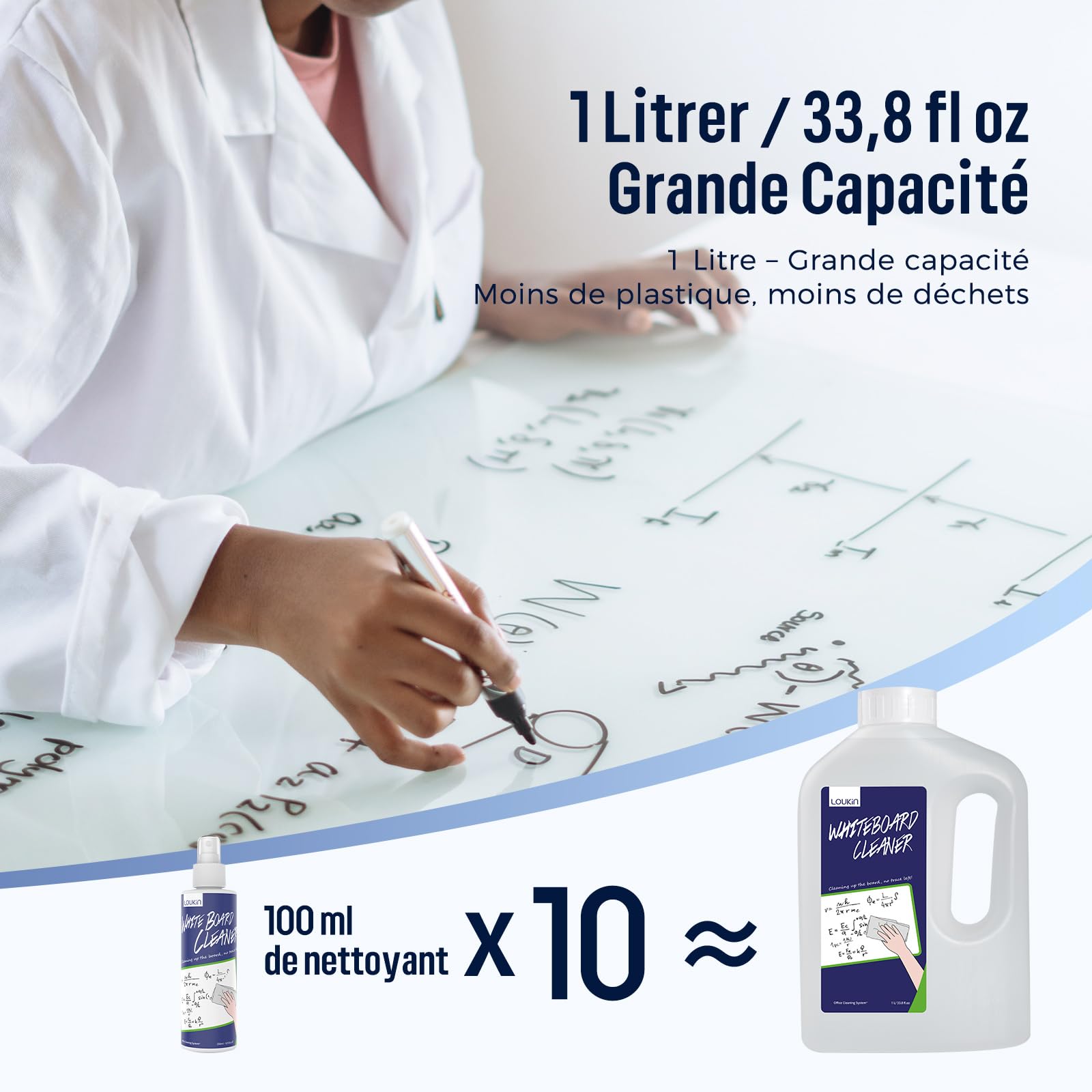 loukin Recharge de nettoyant pour tableau blanc 1 l avec entonnoir en silicone pliable, spray de nettoyage à sec, élimine les taches tenaces, non toxique et sans odeur