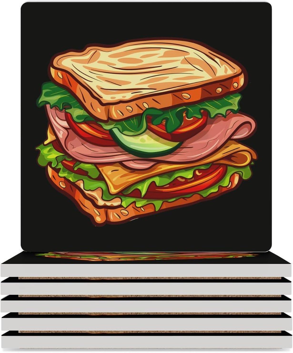 Sandwich Whole Wheat Turkey Ham Coaster for Drinks Square Ceramic Table Coasters Stone Mat Crafts 4PCS Home Kitchen Decor