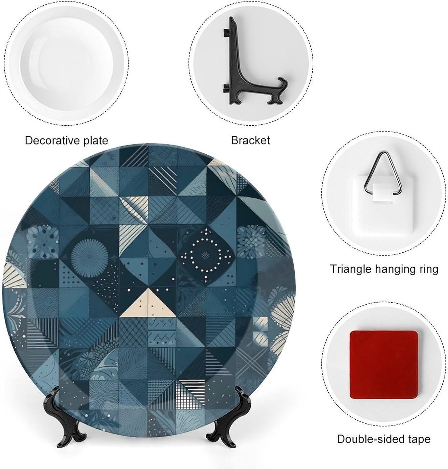 Bone China Decorative Plates Blue Geometric Pattern Ceramic Decorative Plate Wall Decor with Display Stand Ceramic Ornaments for Wall Hanging Decoration