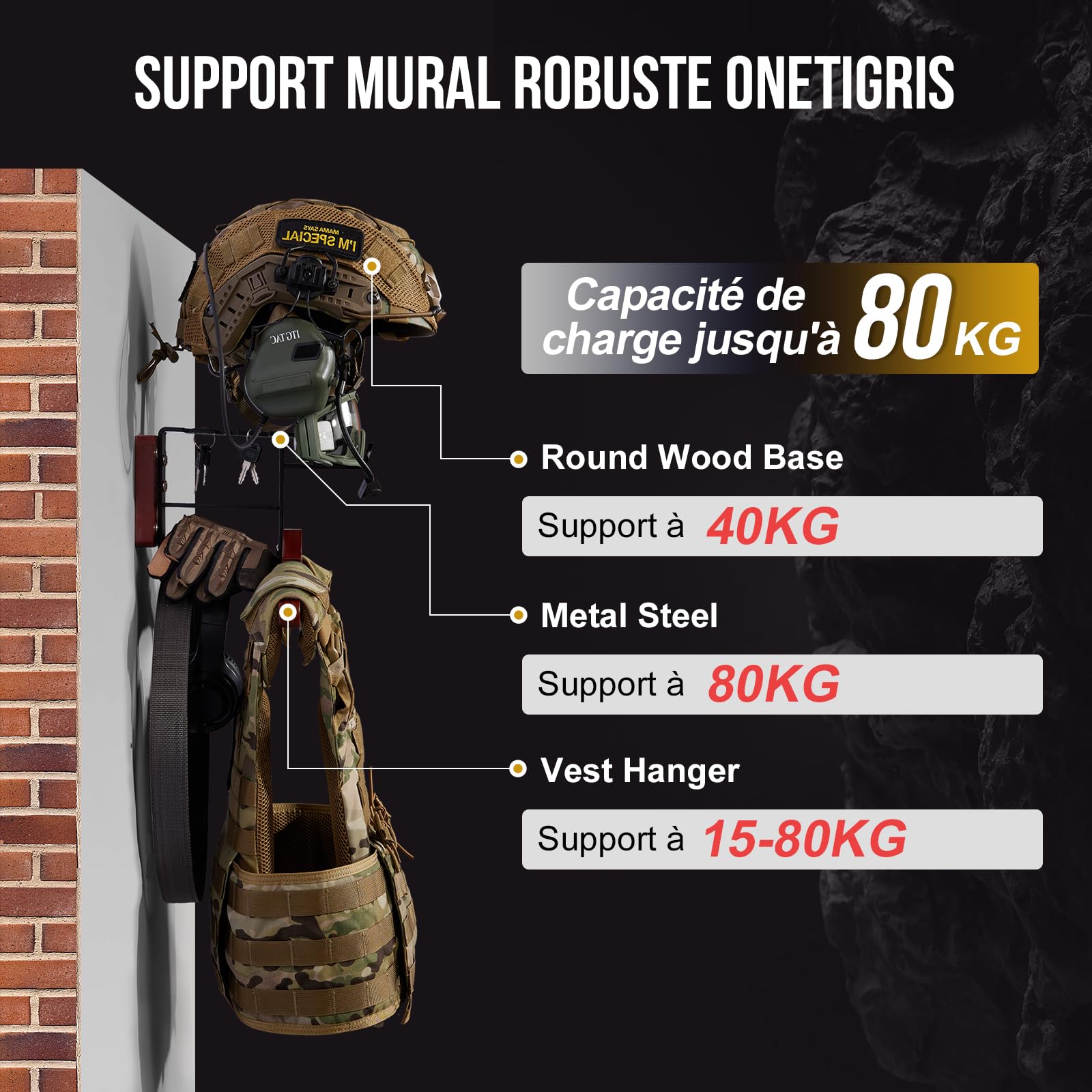 OneTigris Support Mural Casque Moto 2.0 – Porte-Casque Ultra Robuste 80KG, Bois & Métal, Cintre Extensible, Double Crochets pour Gants/Lunettes, Gain de Place pour équipement Moto, Vélo & Airsoft
