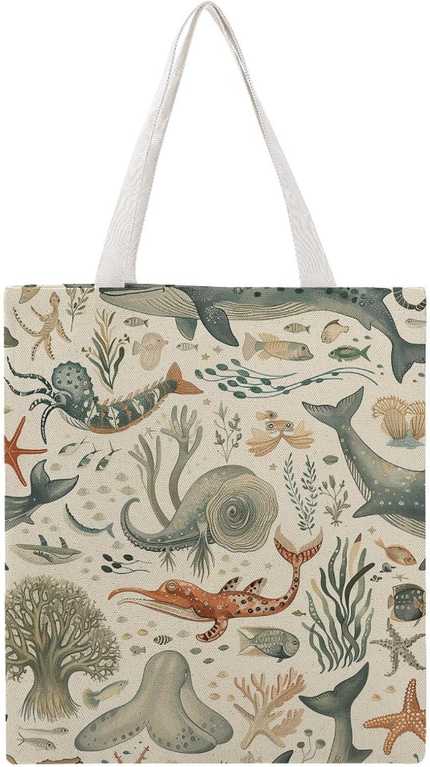 Canvas Tote Bag 16x15 In Lightweight Foldable Shoulder Hobo Purse | Marine Animal, Casual Tote with 10" Strap, Everyday Carryall, for Travel Work Grocery Shopping Beach Mark Gym Yoga