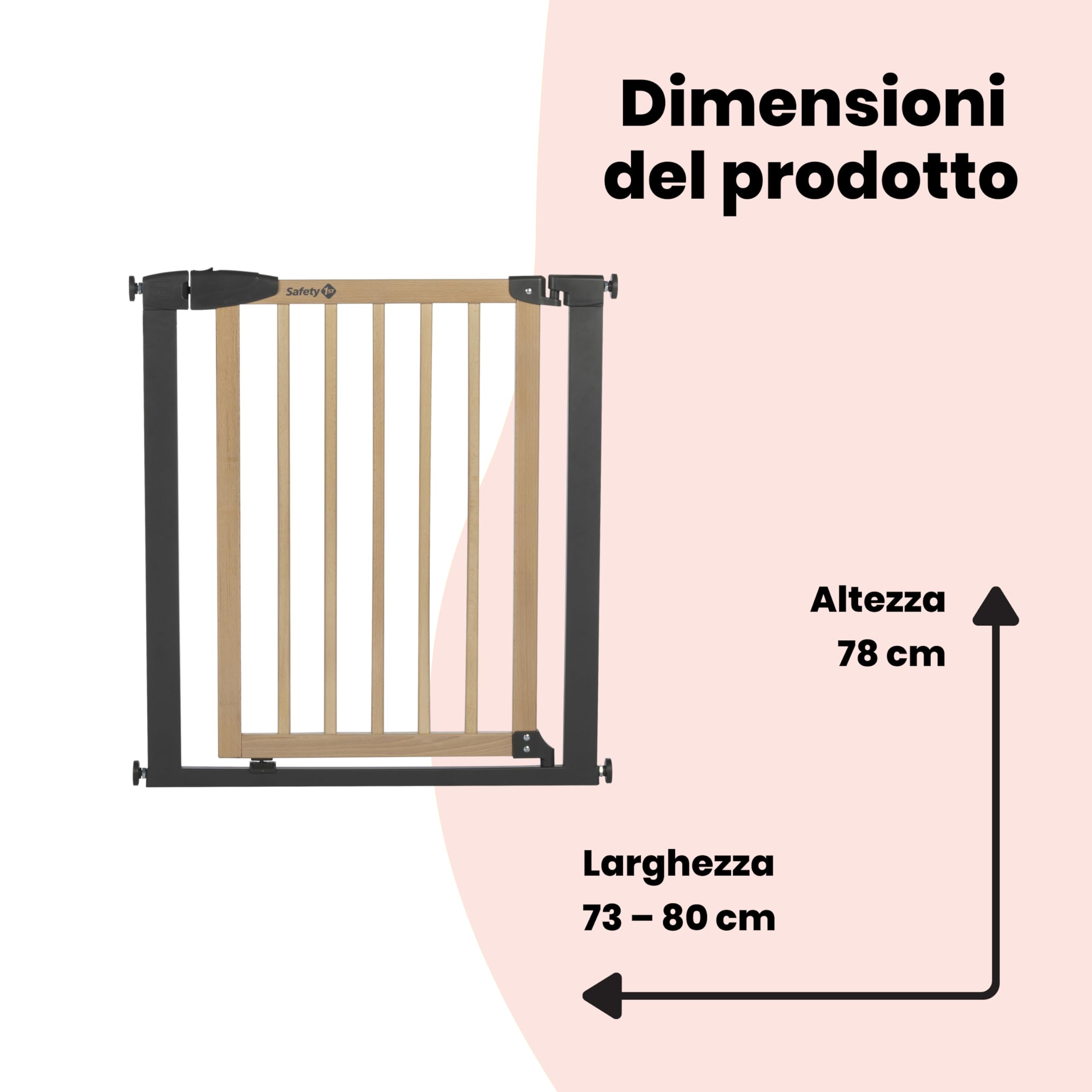 Safety 1st Simply Close Wood and Metal, Cancelletto per bambini, 73-80cm (max. 94cm), Senza viti né buchi, Apertura con una mano, Doppio sistema di chiusura, Cancelletto di sicurezza, legno e grafite