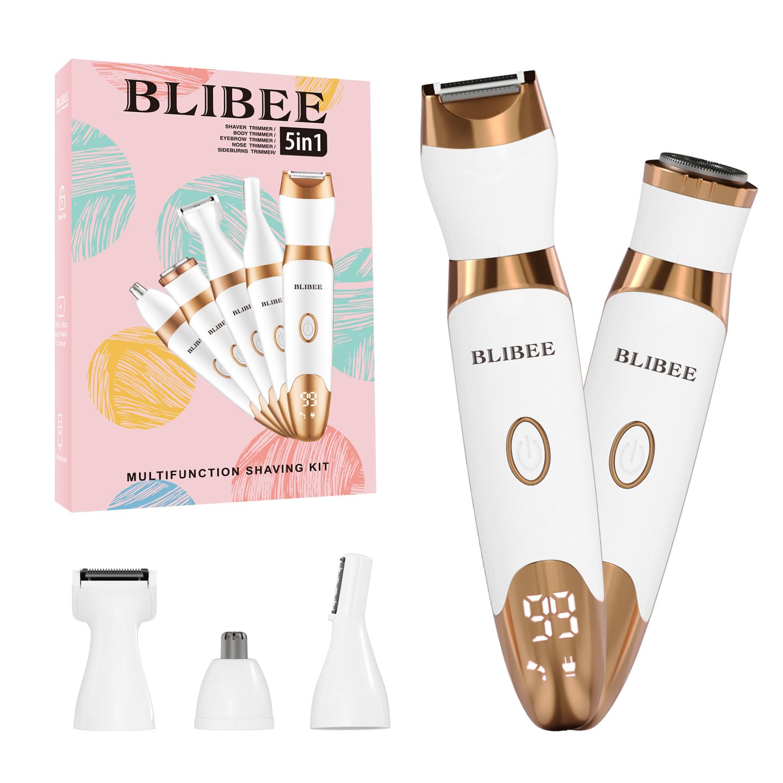 BLIBEE Bikini Trimmer for Women, LED Display Electric Razors for Women, 5-in-1 Electric Shaver, Rechargeable Painless Pubic Hair Trimmer for Legs, Underarms, Face & Sensitive Skin (Gold)