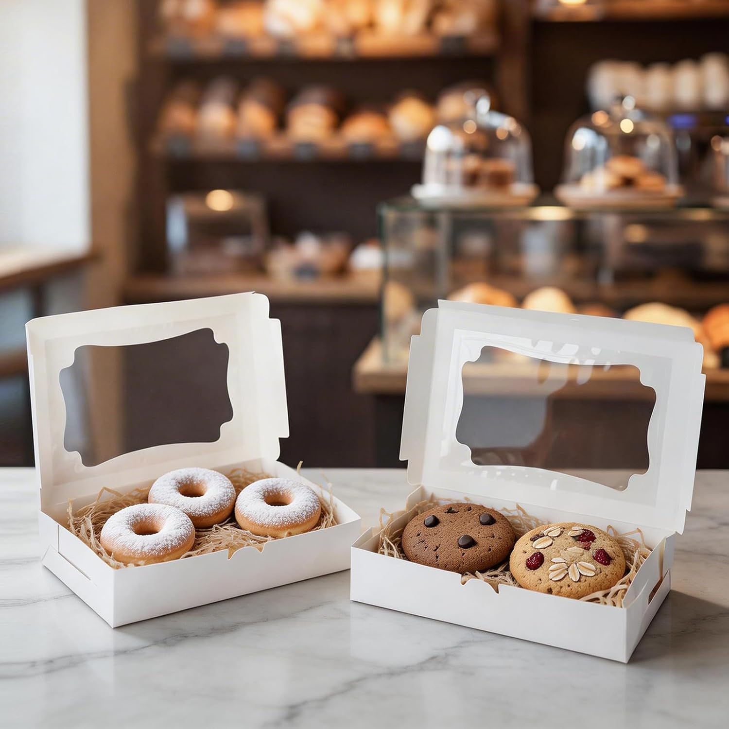 Eaasty 200 Pcs Bakery Boxes 8 x 6 x 2.5 Inch Rectangle Cookies Boxes with Windows for Pastry Baking, Cupcakes, Donuts, Dessert, Chocolate, Mini Pie Treat Packaging