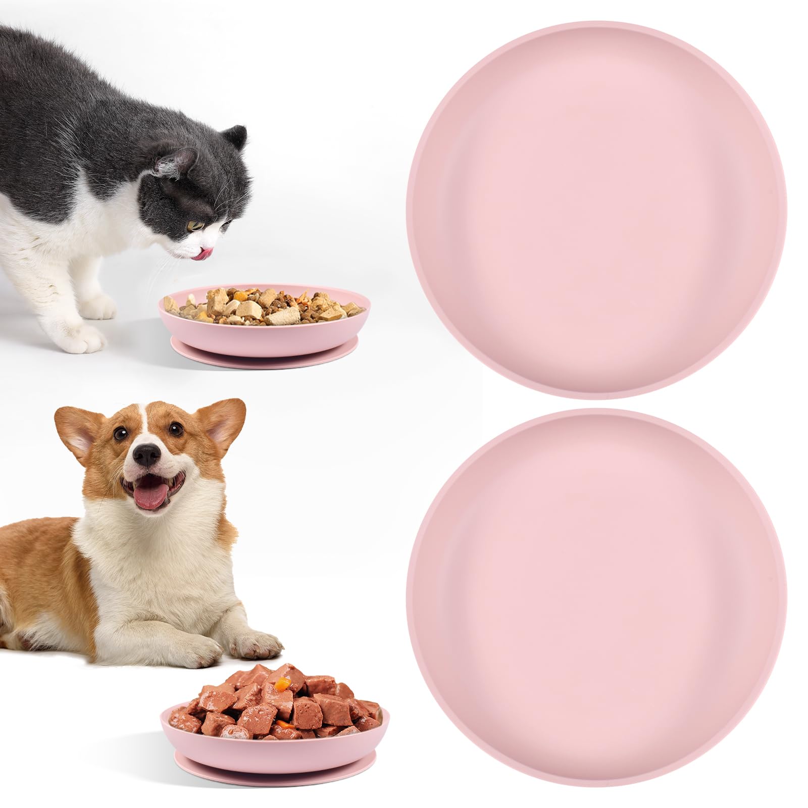 2 comederos para gatos, comederos planos para gatos, cuencos de silicona anchos para alimentos secos y húmedos (rosa)