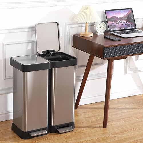 WELYFE Cubo de basura y reciclaje doble de 16 galones, de acero inoxidable a prueba de huellas dactilares con doble tapa, cubo de basura con pedal