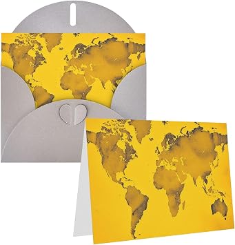 Greetings Card with Envelopes Birthday Cards Yellow world map Half-Fold Blank Note Cards 4x6 in Funny Thank You Card for All Occasions